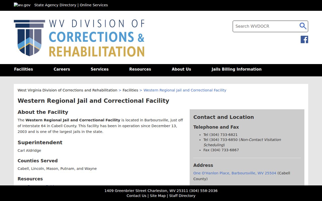 Western Regional Jail source for Cabell County arrest and booking records