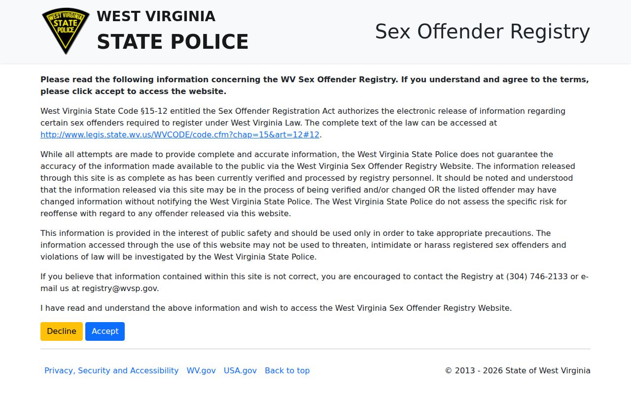 Cabell County sex offender registry disclaimer from West Virginia State Police